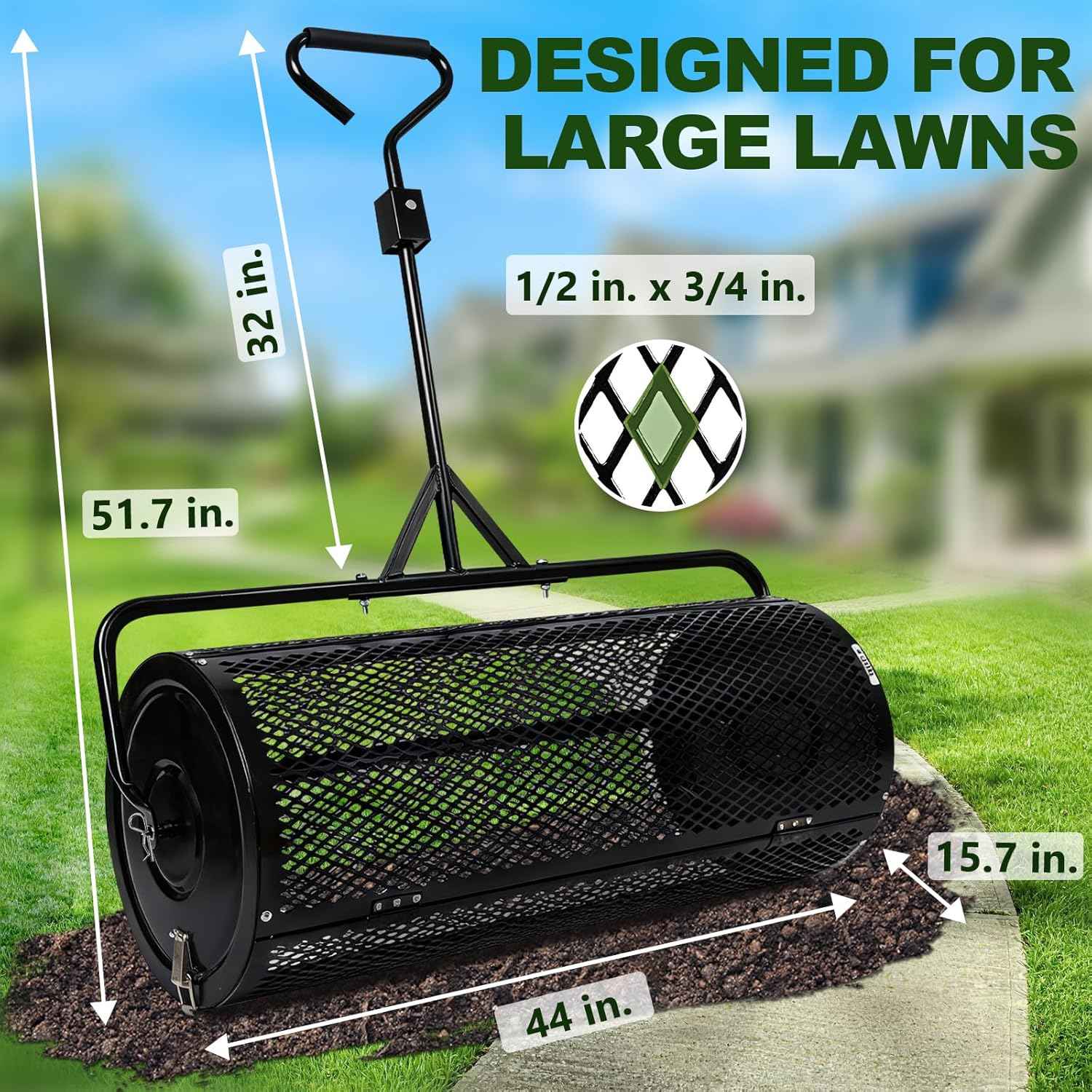 Compost Spreader 44 Inch Push/Tow Peat Moss Spreader with Installation Support, Powder-Coated Metal Mesh Roller Spreader for Manure , Lawn Care, Garden Spreading, Top Dressing & Mulch - Soil Spreader