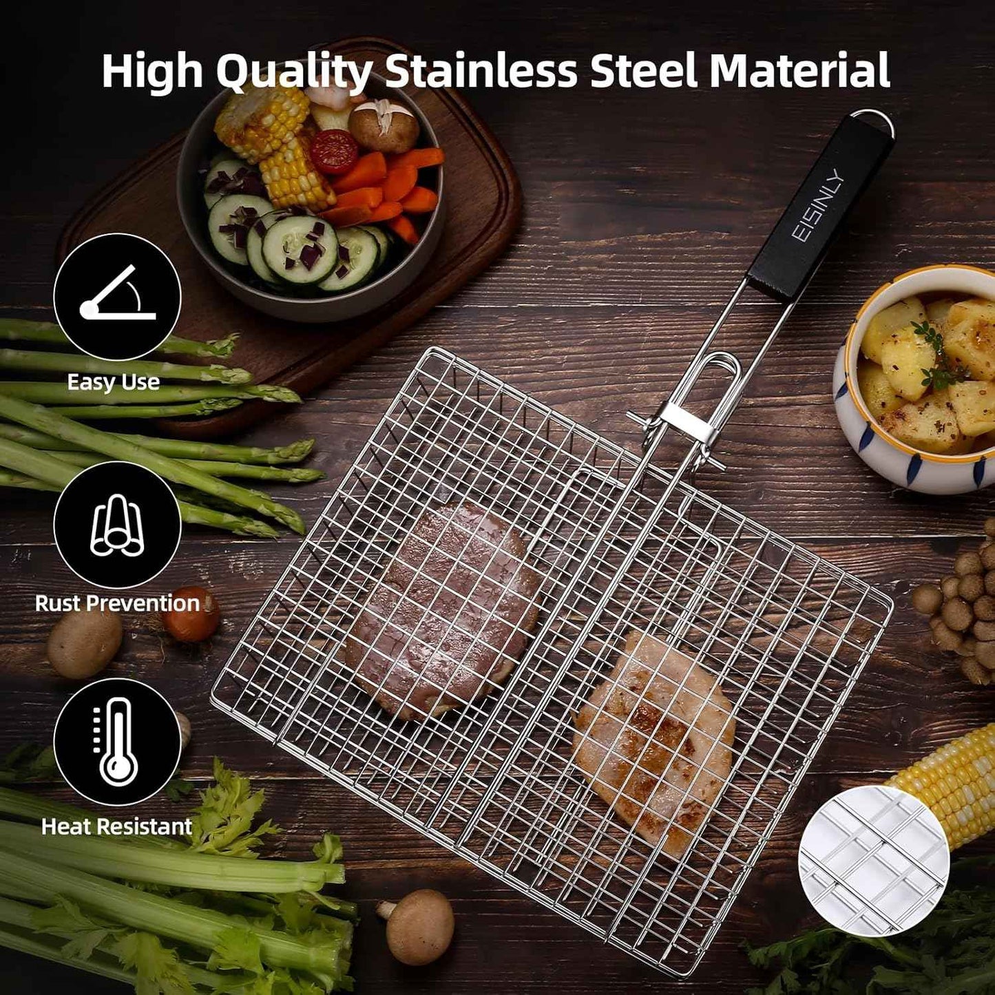 Portable Grill Basket, EISINLY BBQ Grilling Basket for Outdoor Grill with Removable Handle, Stainless Steel Camping Cooking Grill Accessories for Chicken Fish Vegetable