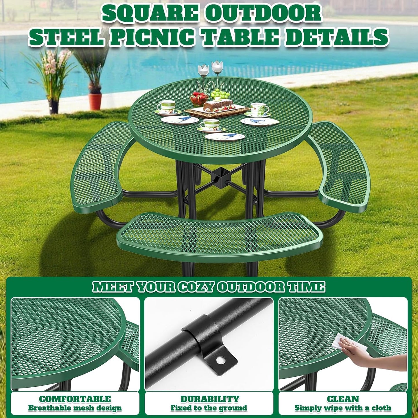 Heavy-Duty Park Bench or Table for Outside - Black Coated Outdoor Furniture Steel Bench, Commercial-Grade Outdoor Benches Weatherproof for Park, Patio, Porch (Green, 46” (Rd. Table))