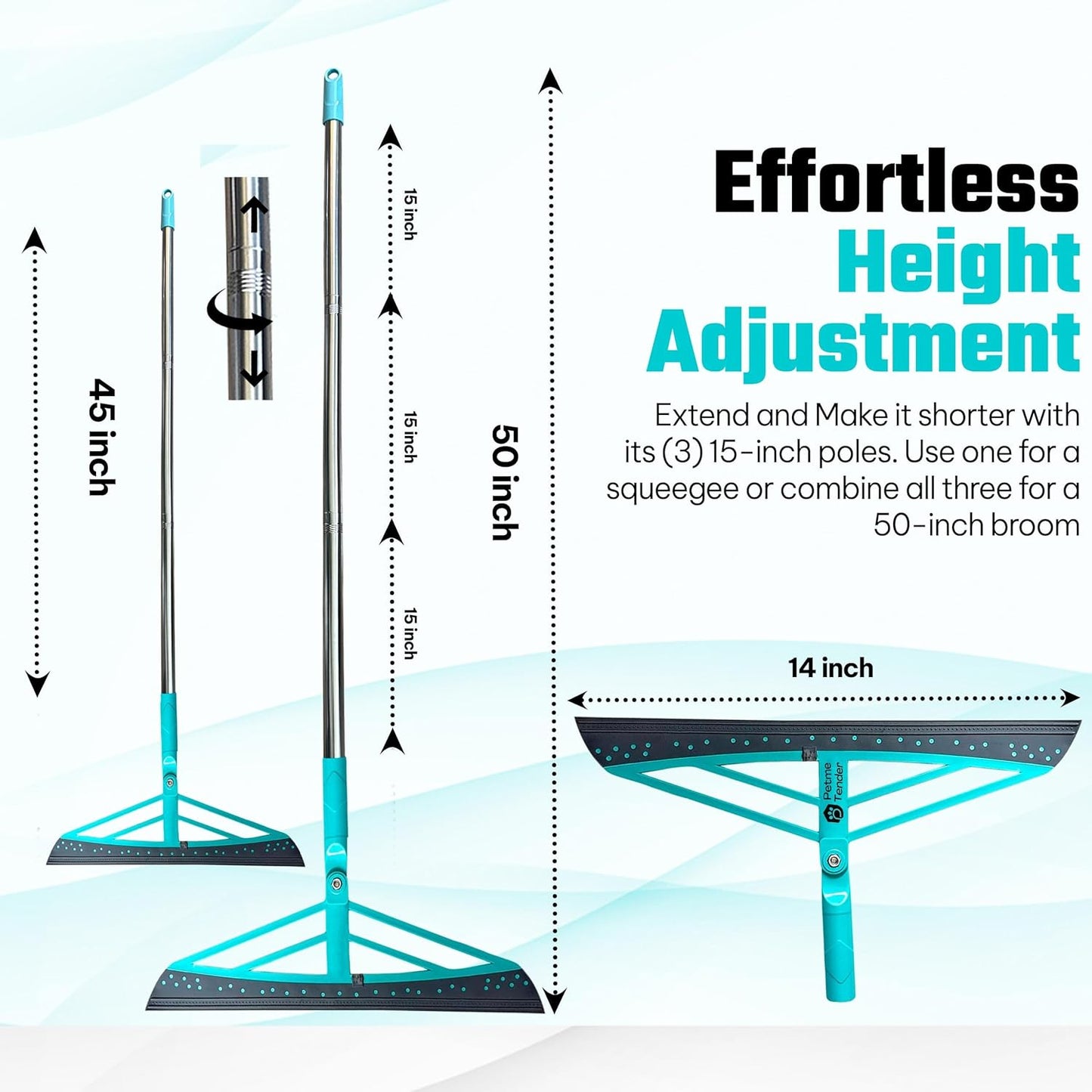 Magic Broom Squeegee Dog Pet Hair Remover, Rotatable, Height Adjustment - Silicone Broom Pet Hair Remover for All-Surfaces Hardwood Floors, Rugs, Tile, Glass, Liquid-Dirt with 50" Handle