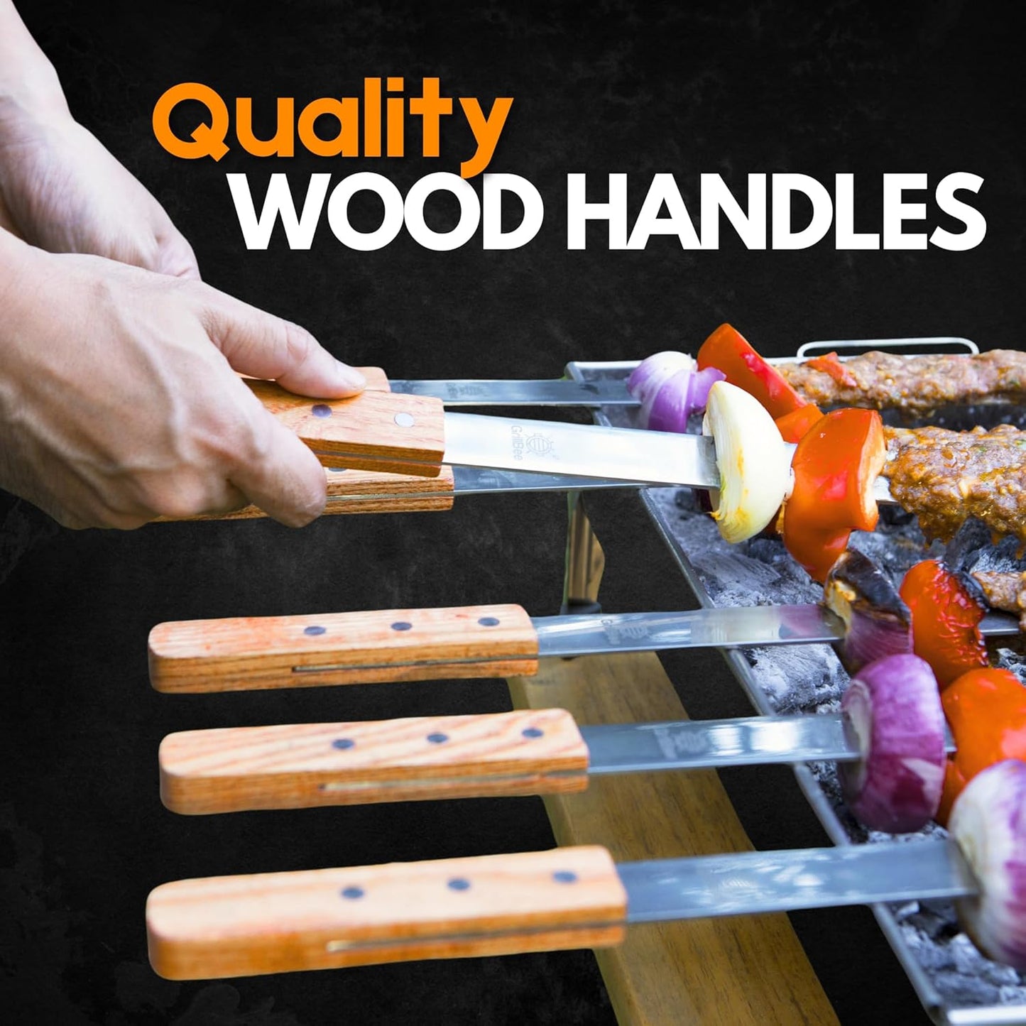 Premium Kabob Skewers 23 inch Long and 5/8 inch Wide Stainless Steel Flat Reusable Metal Skewers for Grilling BBQ - Chicken Kebab, 8pc Set with Bag