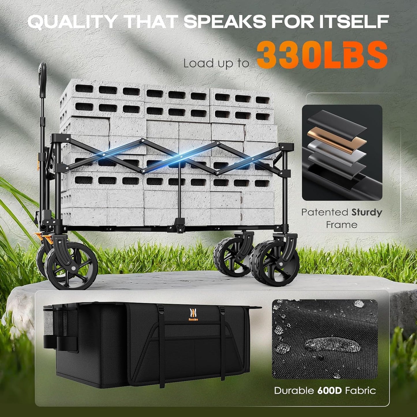 Navatiee Big Wheels Collapsible Wagon Cart Foldable, Heavy Duty Beach Wagon with Silent All-Terrain Wheels, Folding Utility Grocery Cart with Side Pocket and Brakes for Camping Garden Sports, Black