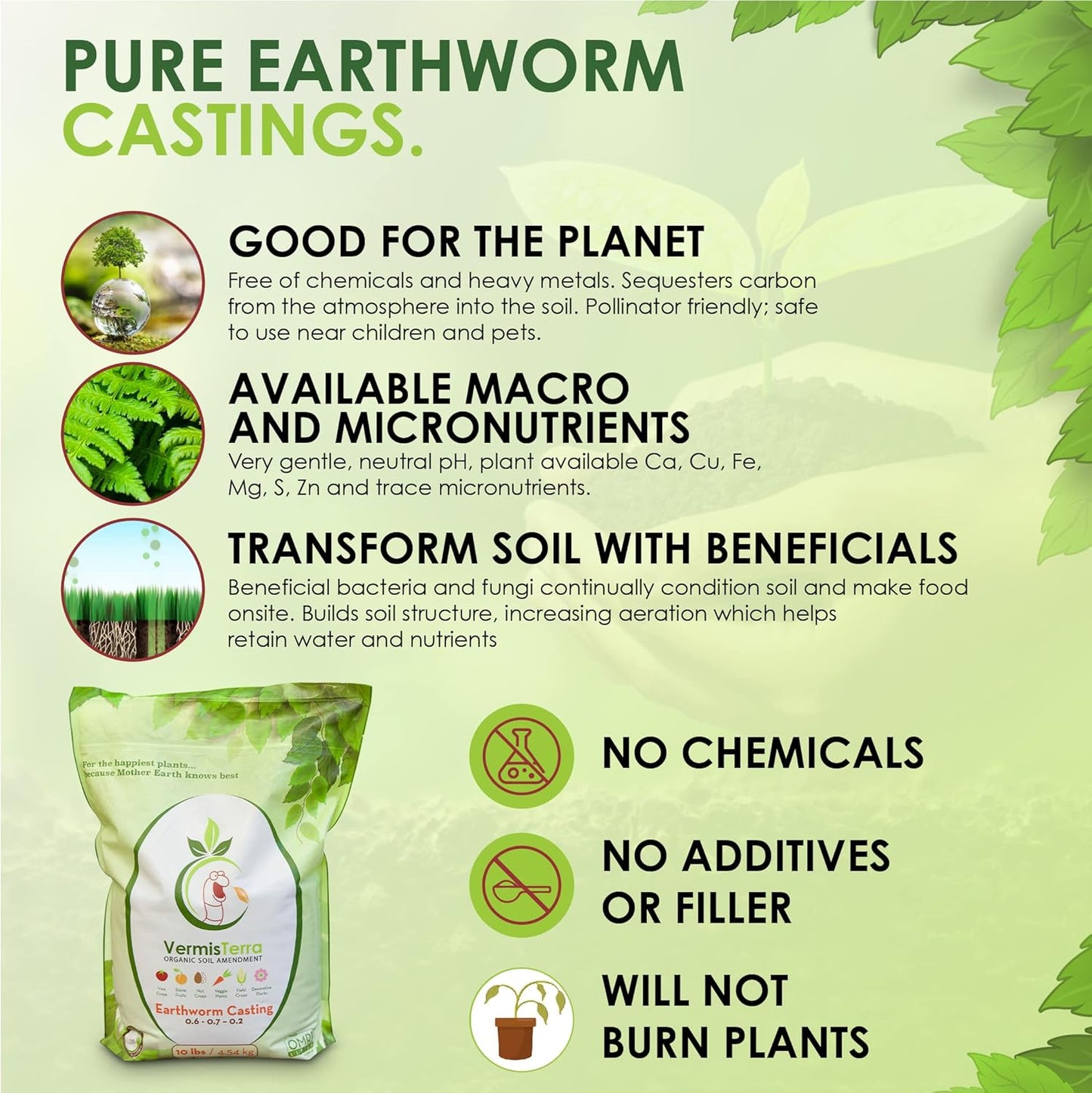 VermisTerra Earthworm Castings - (5 LB) 2.7 qts - 100% Organic Earthworm Castings - All Natural Plant Fertilizer - Soil Enhancer - Potting Mix for Plants, Vegetables, Flowers, Indoor + Outdoor
