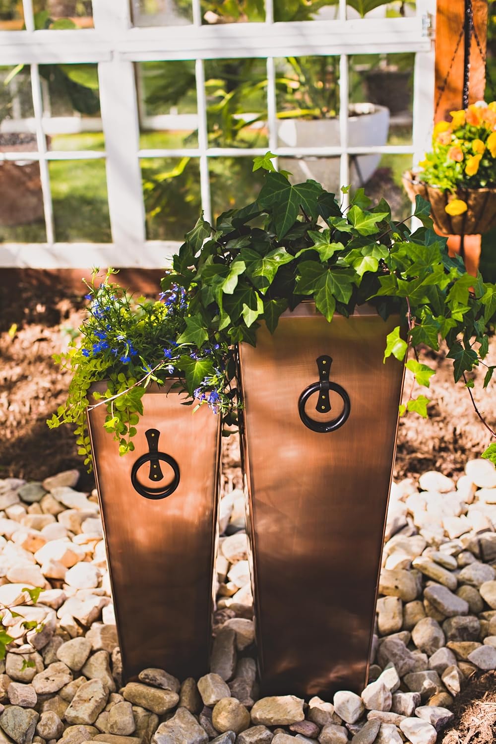 H Potter Tall Copper Planters Set of 2 – Antique Copper Hammered Stainless Steel Indoor Outdoor Planter with Insert & Drainage – Large Decorative Floor Planters for Entryway Porch Patio
