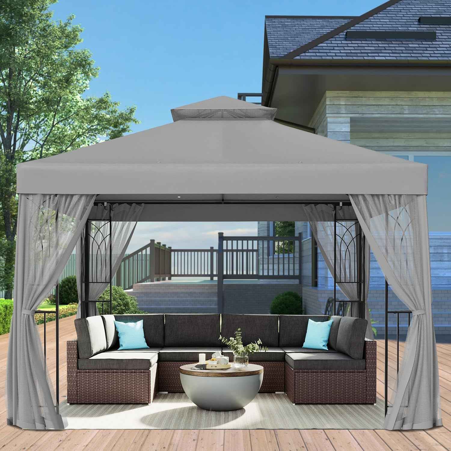 EAGLE PEAK 10x10 Patio Gazebo with Mesh Netting, Double Roof Outdoor Pavilion with Corner Shelves for Lawn, Deck, Garden and Backyard, Gray