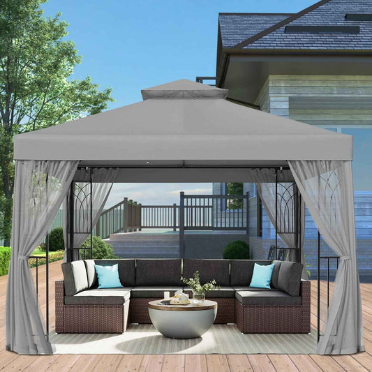 EAGLE PEAK 10x10 Patio Gazebo with Mesh Netting, Double Roof Outdoor Pavilion with Corner Shelves for Lawn, Deck, Garden and Backyard, Gray