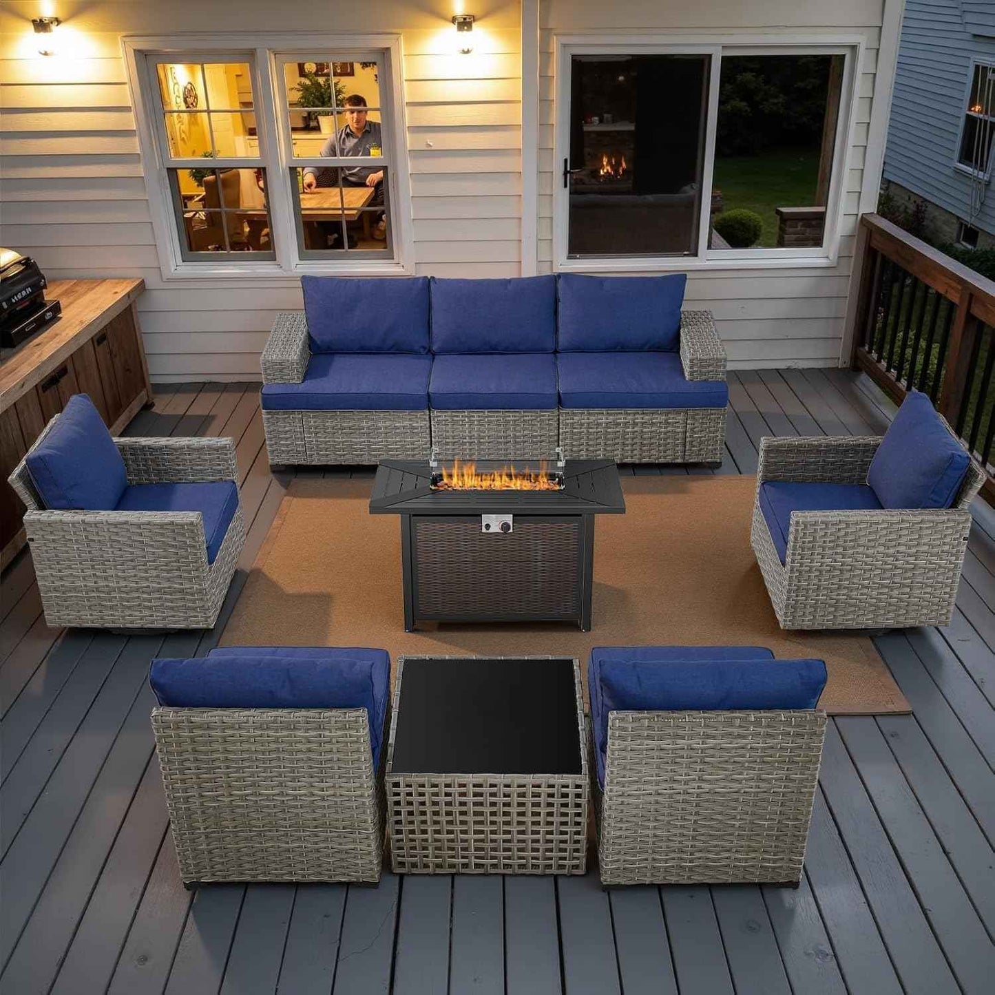 9 Piece Patio Furniture Set with 43-Inch Propane Fire Pit Table, Outdoor Sectional Sofa Set, 5 Seater Modular Wicker Seating with 50000 BTU Fire Table for Deck Backyard Casual Gathering
