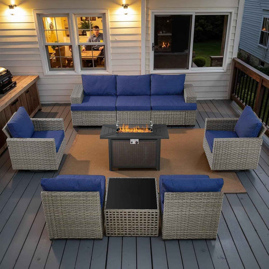 9 Piece Patio Furniture Set with 43-Inch Propane Fire Pit Table, Outdoor Sectional Sofa Set, 5 Seater Modular Wicker Seating with 50000 BTU Fire Table for Deck Backyard Casual Gathering