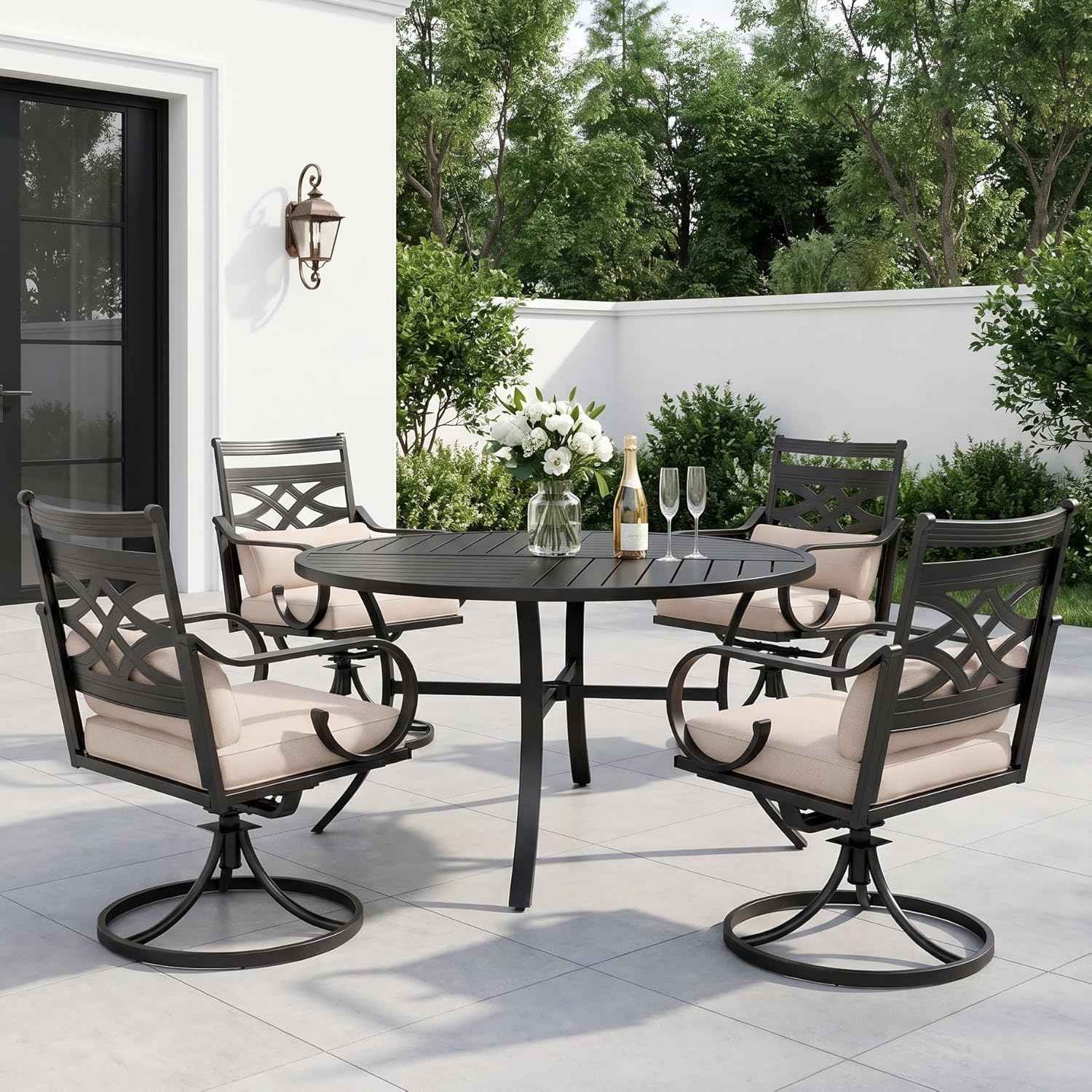 Sophia and William Swivel Patio Dining Set for 4, Outdoor Table and Chairs, Removable Seat Cushions, Black 42" Round Patio Dining Table