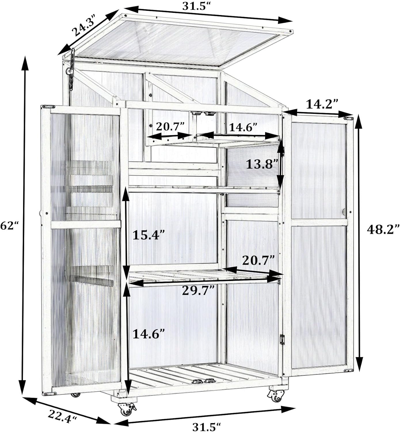 UMISOL 62" H Wooden Greenhouse, Balcony Portable Cold Frame with Wheels and Adjustable Shelves, Large Greenhouse for Outdoor Indoor Use, Black