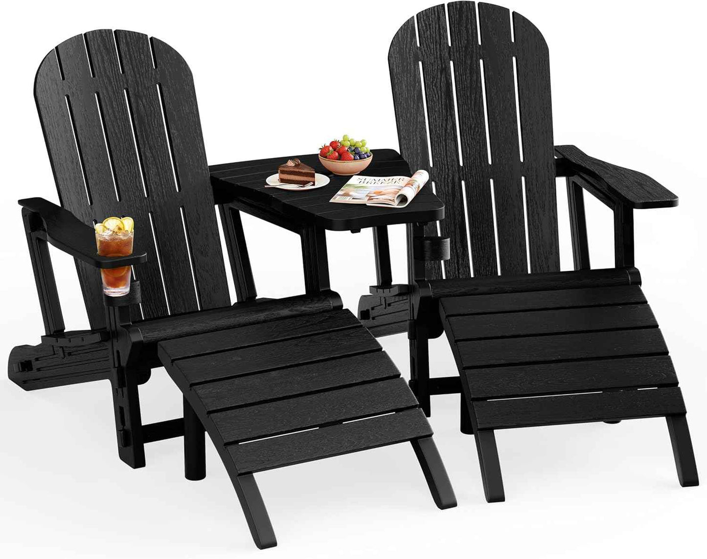 JY QAQA Outdoor Adirondack Chair Set of 2 with Detachable Table & Ottoman, All-Weather HDPE Patio Furniture with Wood Texture & Cup Holder for Patio, Poolside, Garden, Black