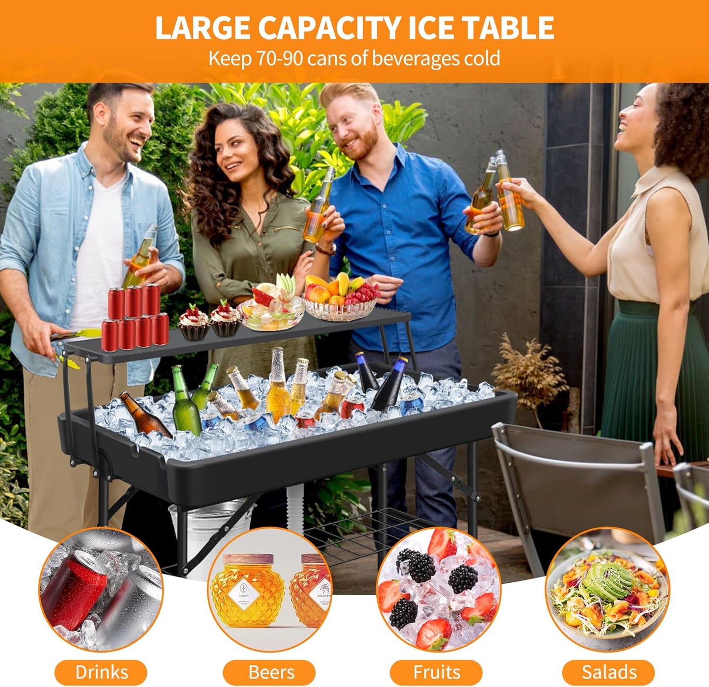 Portable Folding Ice Cooler Table - Two-Tier Outdoor Cooler Table with Removable Matching Skirt and Shelf, Ice Tables for Party, Camping, Picnic, Foldable Self-Serving Beverage Cooling Bar(Black)