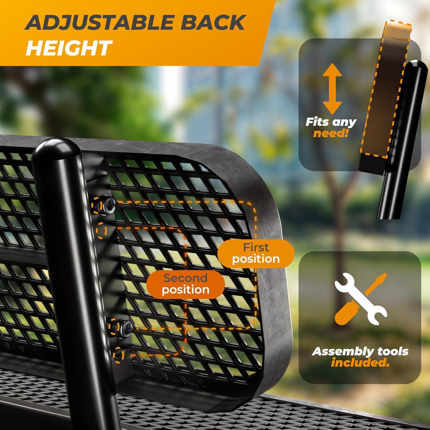 Heavy-Duty Outdoor Metal Bench, Thermoplastic-Coated, Surface, Weatherproof, Commercial-Grade for Parks, Gardens, Patios, Stores & More (4 Ft - Surface with Back, Black)