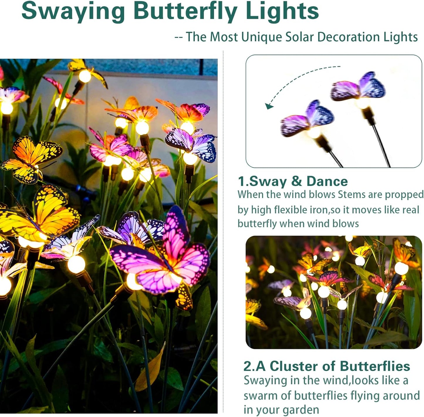 TONULAX Solar Garden Lights - 4 Pack Swaying Butterfly Light, Swaying in The Wind, Solar Outdoor Lights, Yard Patio Pathway Decoration, High Flexibility Iron Wire & Realistic Butterflies(4 Pack)