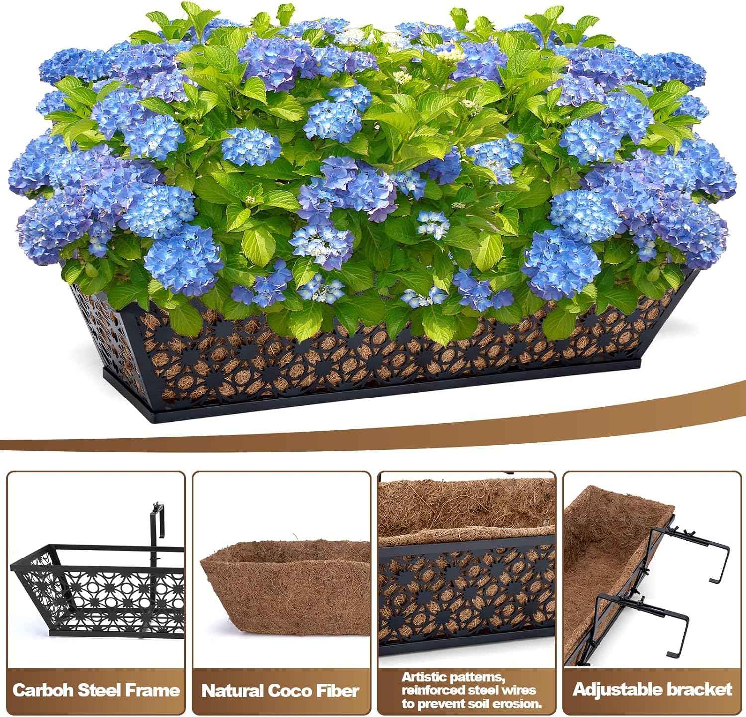 24 Inch Window Box Planters Outdoor,Deck Railing Planter Boxes with Coco Liner,Metal Hanging Window Flower Boxes for Balcony Fence Porch Garden Railing