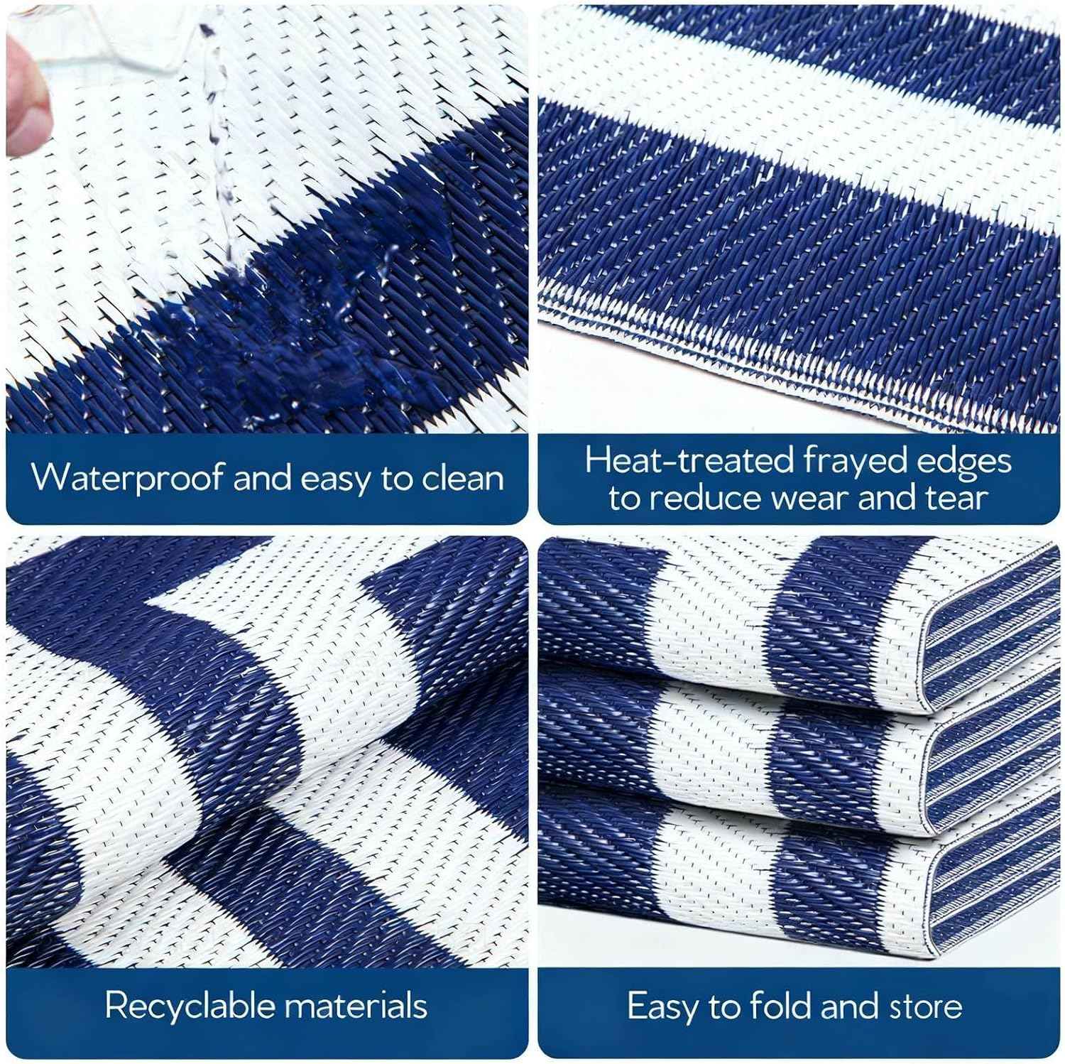 5'x 8' Outdoor Rug,Waterproof Reversible Patio Rugs,5x8 ft Plastic Straw Outdoor Carpet Foldable Plastic Camping Mat for Outside RV, Patio,Picnic,Camper,Balcony,Porch(Navy Blue &White)