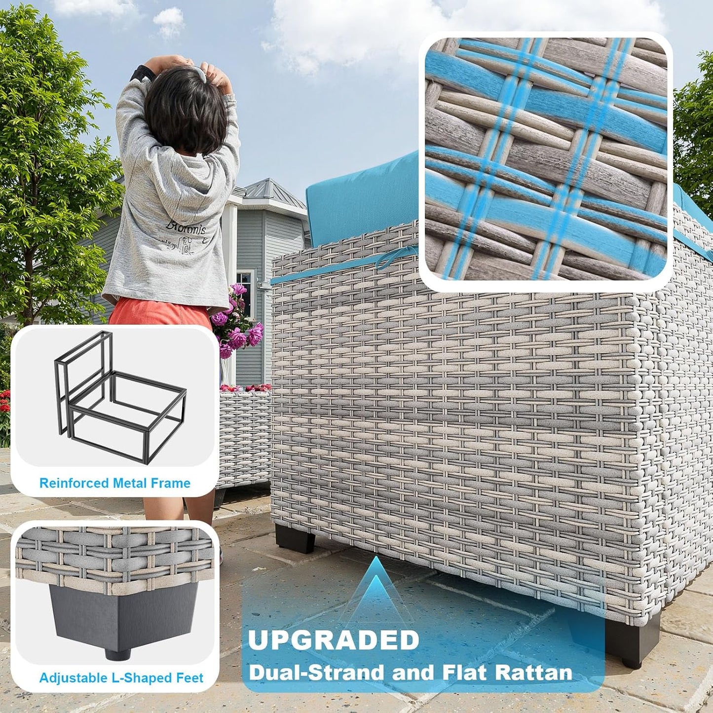 13-Piece Patio Furniture Set, Outdoor Patio Furniture with Swivel Chairs Set, Ottomans, 55,000 BTU Fire Pit Table, Modular Patio Sofa, Dual-Strand Wicker Rattan, Rust-Resistant Frame, Lake Blue