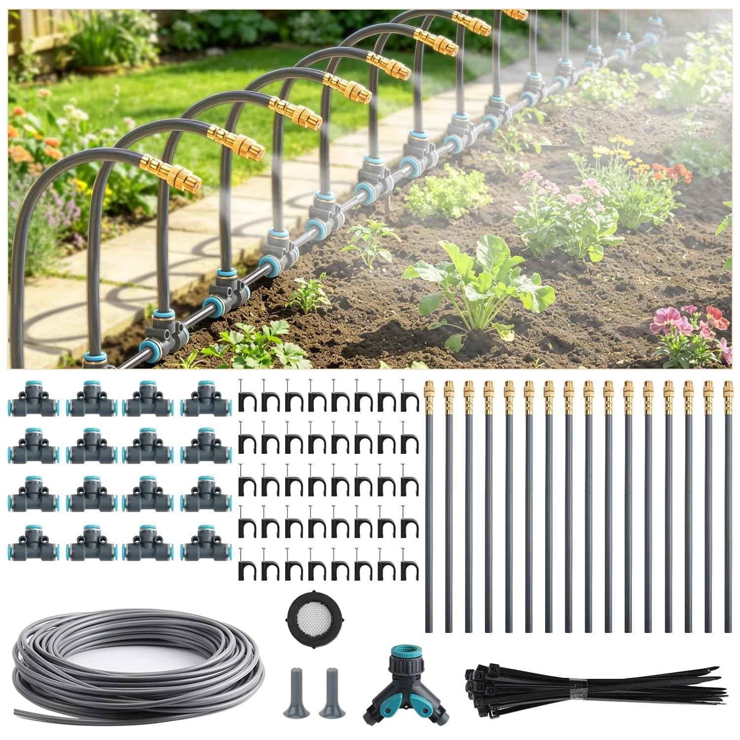 100FT 1/4" Quick-Connect Drip Irrigation System Kit, Automatic Garden Watering System with 16 Pcs Adjustable Spray Nozzles for Garden, Greenhouse, Yard, Lawn