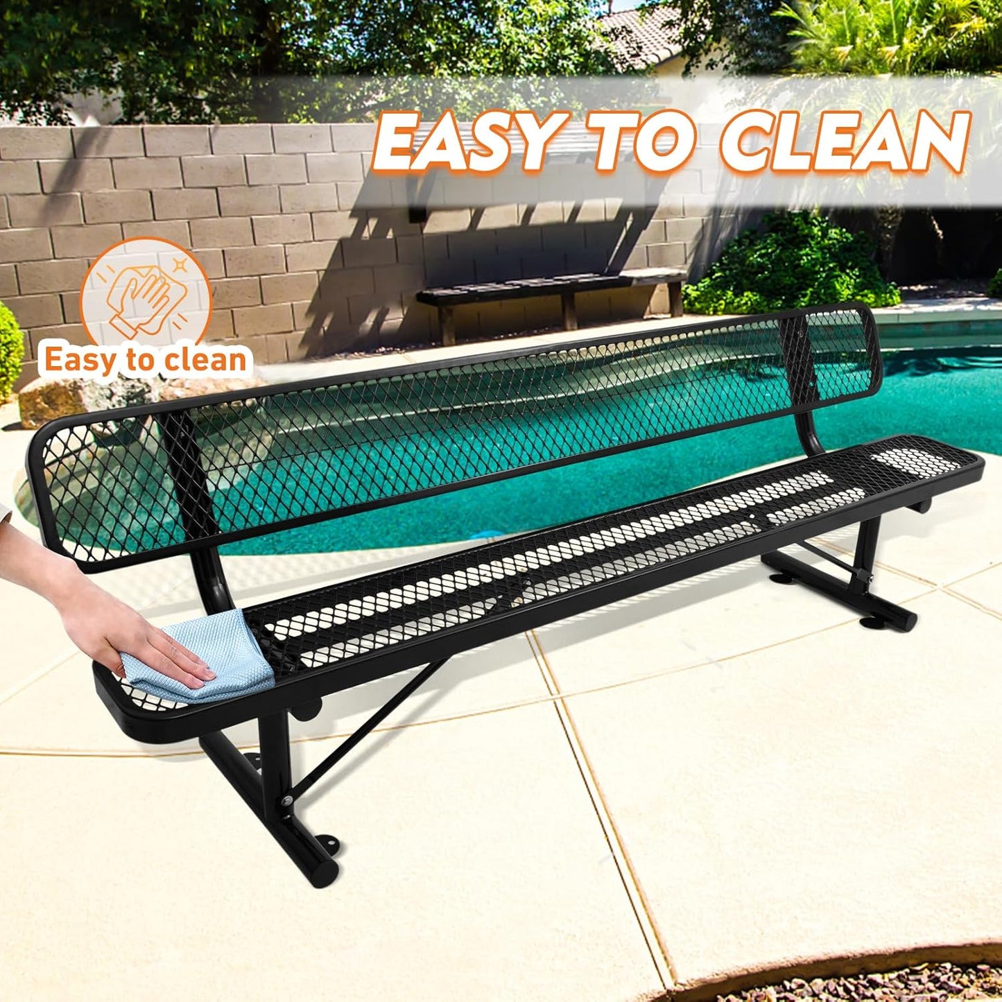Drexo 8FT Heavy Duty Park Bench with Back Portable Frame, Outdoor Metal Park Bench with Backrest, Steel Mesh Outdoor Bench for Garden, Lawn, Patio, Porch, Park, Yard, Black