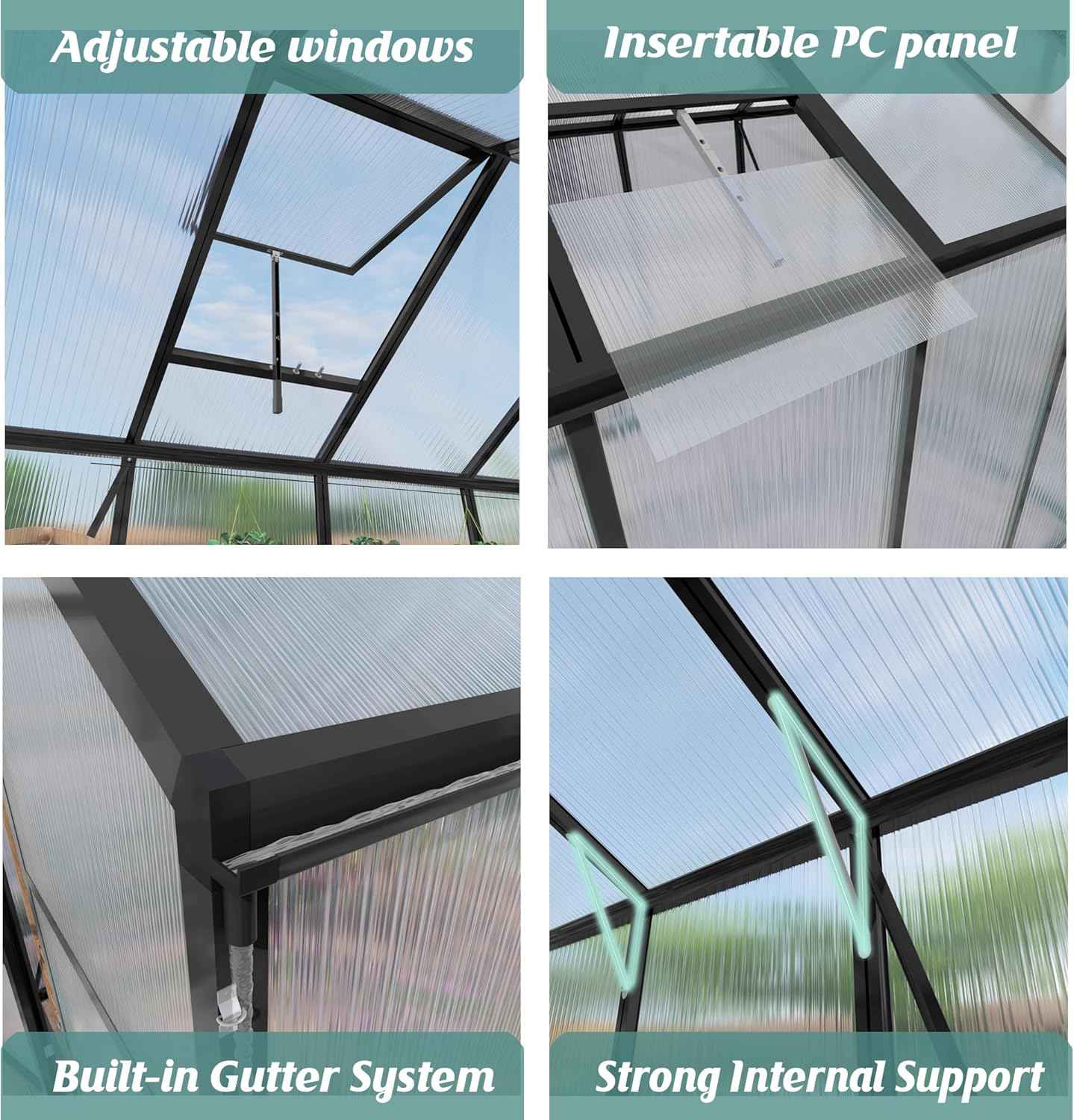 Greenhouse for Outdoors 8x14x7.8 FT, Polycarbonate Greenhouse with Stronger Wind Protection and Roof Vent, Walk-in Large Aluminum Sunroom Winter Proof, Black