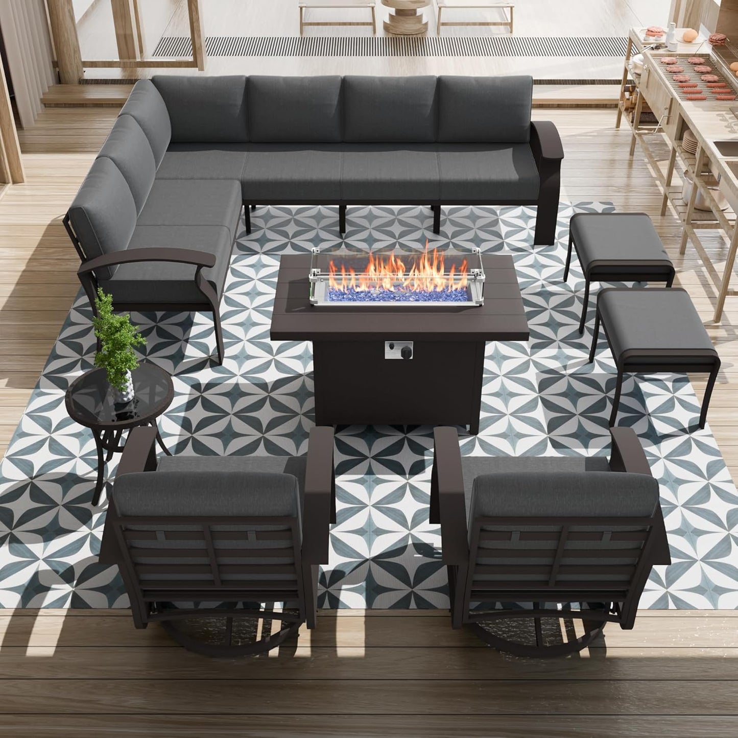 Aluminum Patio Furniture Set with Fire Pit Table, 10 Seats Outdoor Patio Conversation Set with Swivel Chair Modern Metal Patio Sectional Sofa with Coffee Table for Patio, Backyard(Grey).