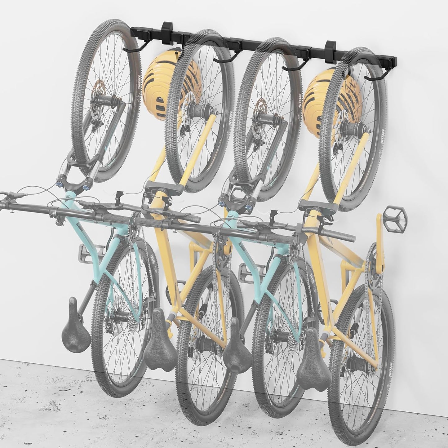 monTEK Enhanced Bike Storage Rack, Adjustable 4-Bike and 2-Helmet Hangers for Indoor Bike Storage, Customizable for Various Bike Sizes, Heavy-Duty Steel Bike Wall Mount, Max Load 265lbs, 48-in