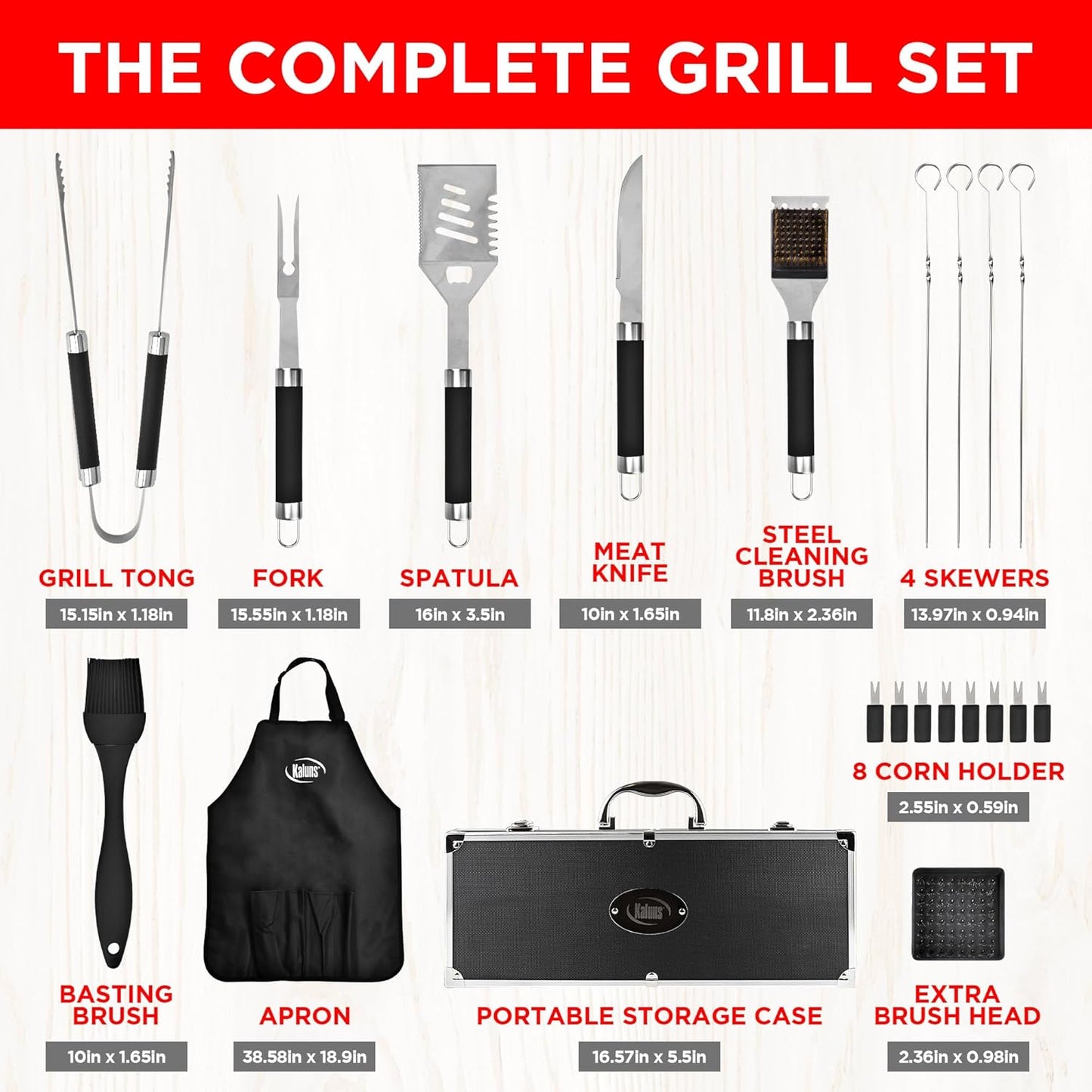 Kaluns Grilling Accessories, Dad Gifts for Christams Grilling Gifts, Heavy Duty Stainless Steel BBQ Grill Tools Set for Outdoor Grill with Aluminum Case and Apron, Dad Birthday Gifts for Men Husband