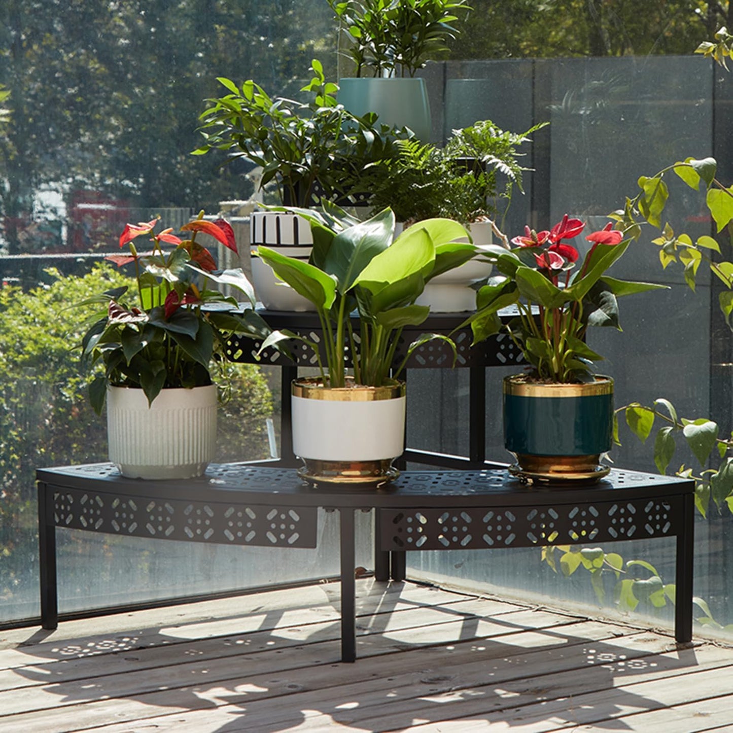 3 Tier Metal Plant Stand,Rectangle or Round Decorative Flower Step,Garden Shelf Flower Pot Holder Storage Organizer Rack for Indoor Outdoor Use