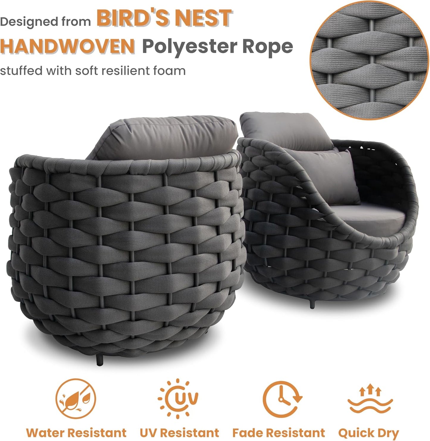 Front Porch Furniture 5 Piece Set: Aluminum Woven Rope Patio Conversation Sofa Set - Assembled Accent Chair Cushioned - Outdoor Armchair Couch Set for 400 lbs Deck Backyard Poolside Garden Hotel