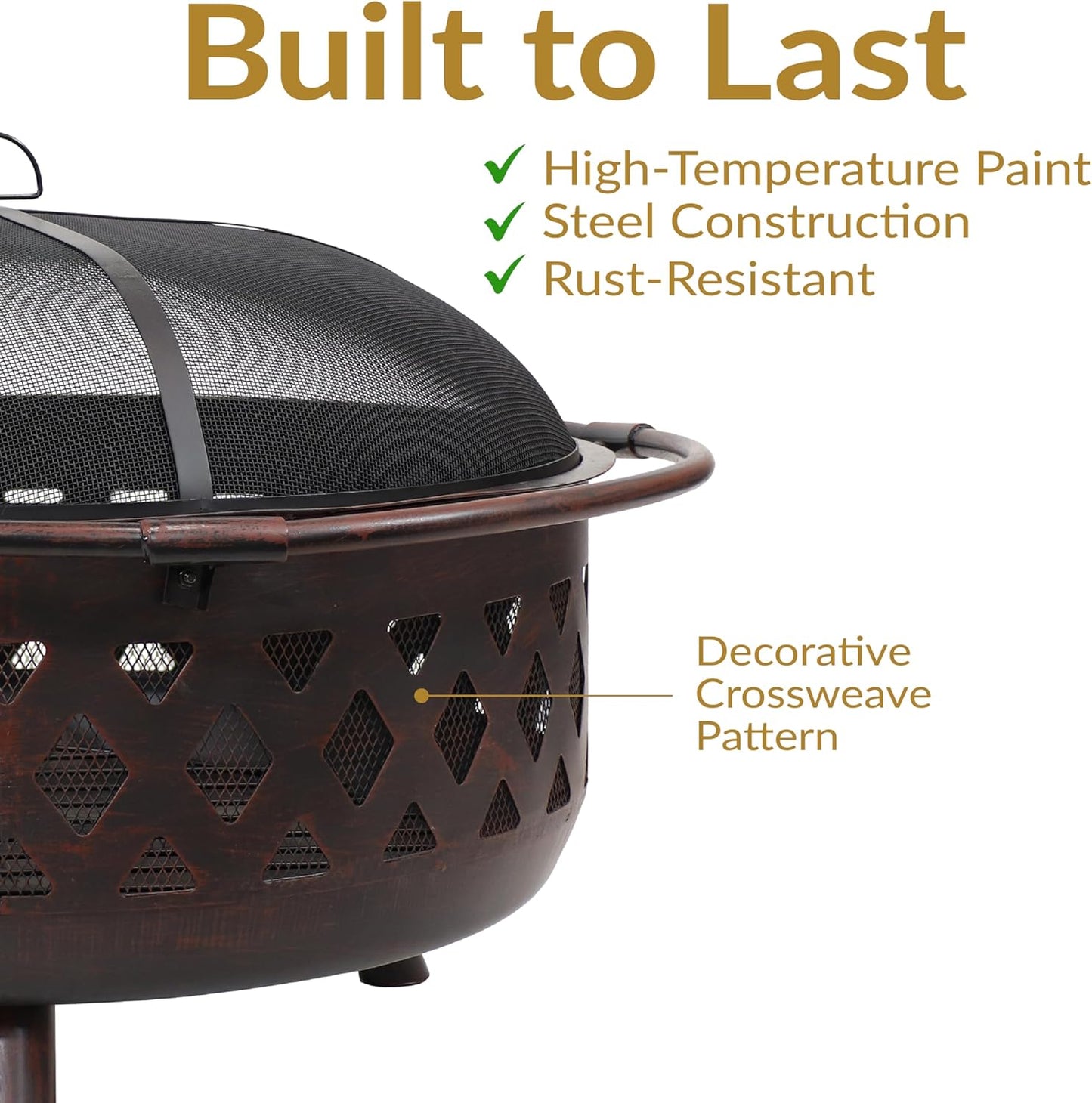 Sunnydaze Crossweave Outdoor Fire Pit - Wood-Burning Fire Pit for Outside with Spark Screen, Poker and Round Cover - 36-Inch - Bronze