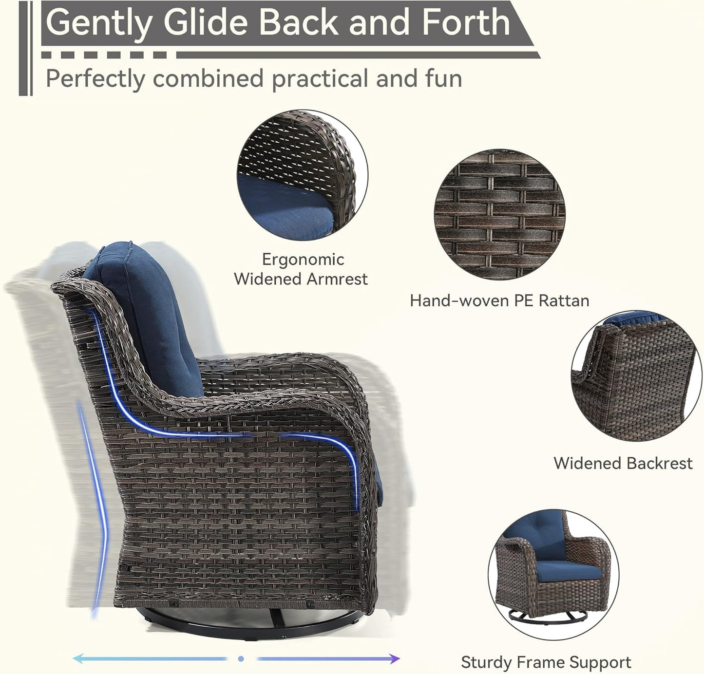 6 Pieces Outdoor Furniture Set - Patio Wicker Swivel Rocker Chair Set of 4 and 2 Side Table, Blue, Mixed Brown Rattan, Suitable for Porch, Yard