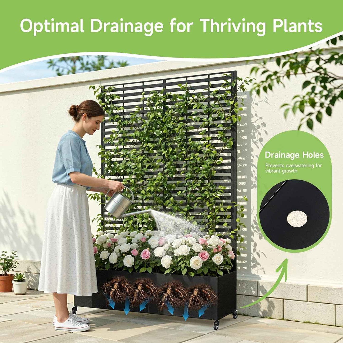 Metal Raised Garden Bed with Trellis and Wheels, 73" x 47" x 16" Planter Box with Trellis with Drainage Holes, Privacy Planters for Patio with Privacy Screen for Climbing Plants Flower Vegetables