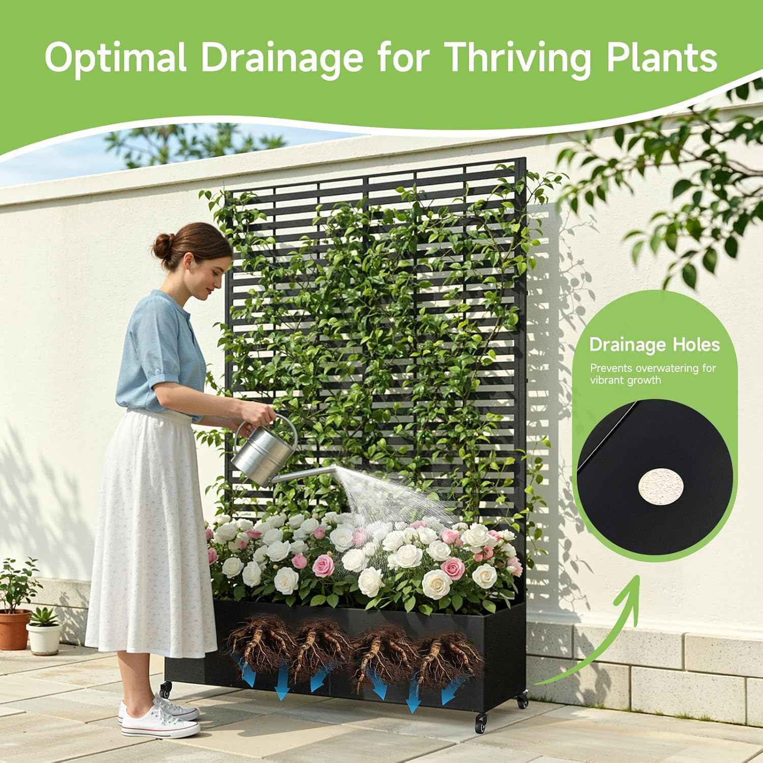 Metal Raised Garden Bed with Trellis and Wheels, 73" x 47" x 16" Planter Box with Trellis with Drainage Holes, Privacy Planters for Patio with Privacy Screen for Climbing Plants Flower Vegetables