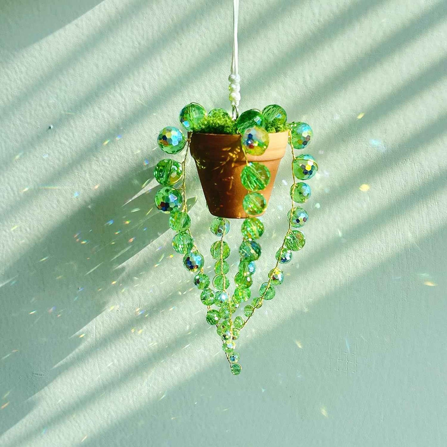 Bling Suncatcher String of Beads Plant Hanging, Handcrafted Crystal Succulent Sun Catchers for Window Hanging, Gardenn Crystal Sun Catcher Plant Lover Gift Mom Gifts (Green)