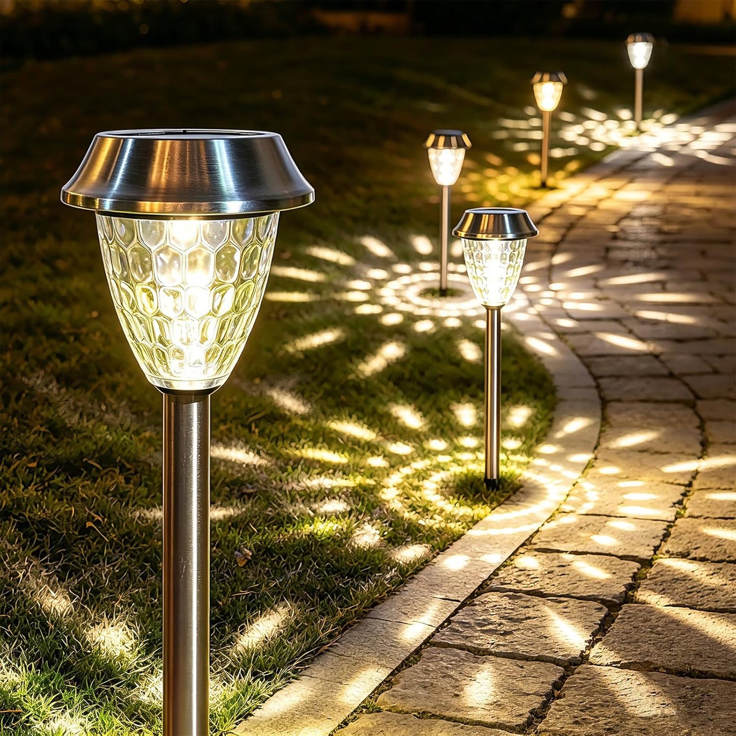 Solar Pathway Lights Outdoor 4 Pack, Glass & Metal Solar Lights with 10 Lumens Brightness, IP65 Waterproof, Warm White & RGB Modes, Decorative Solar Garden Lights for Yard, Walkway, Driveway