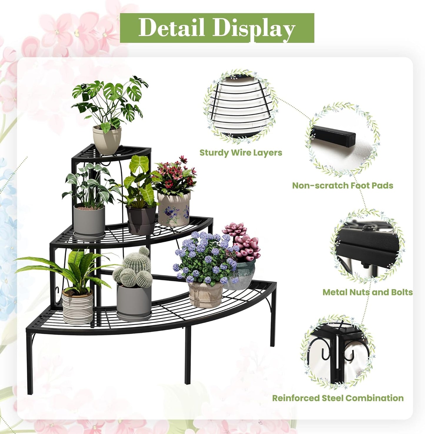 Plant Pot Stand Shelf, 3 Tier Flower Quarter Display Rack, Metal Succulent Plants Storage Holder for Outdoor and Indoor, Black