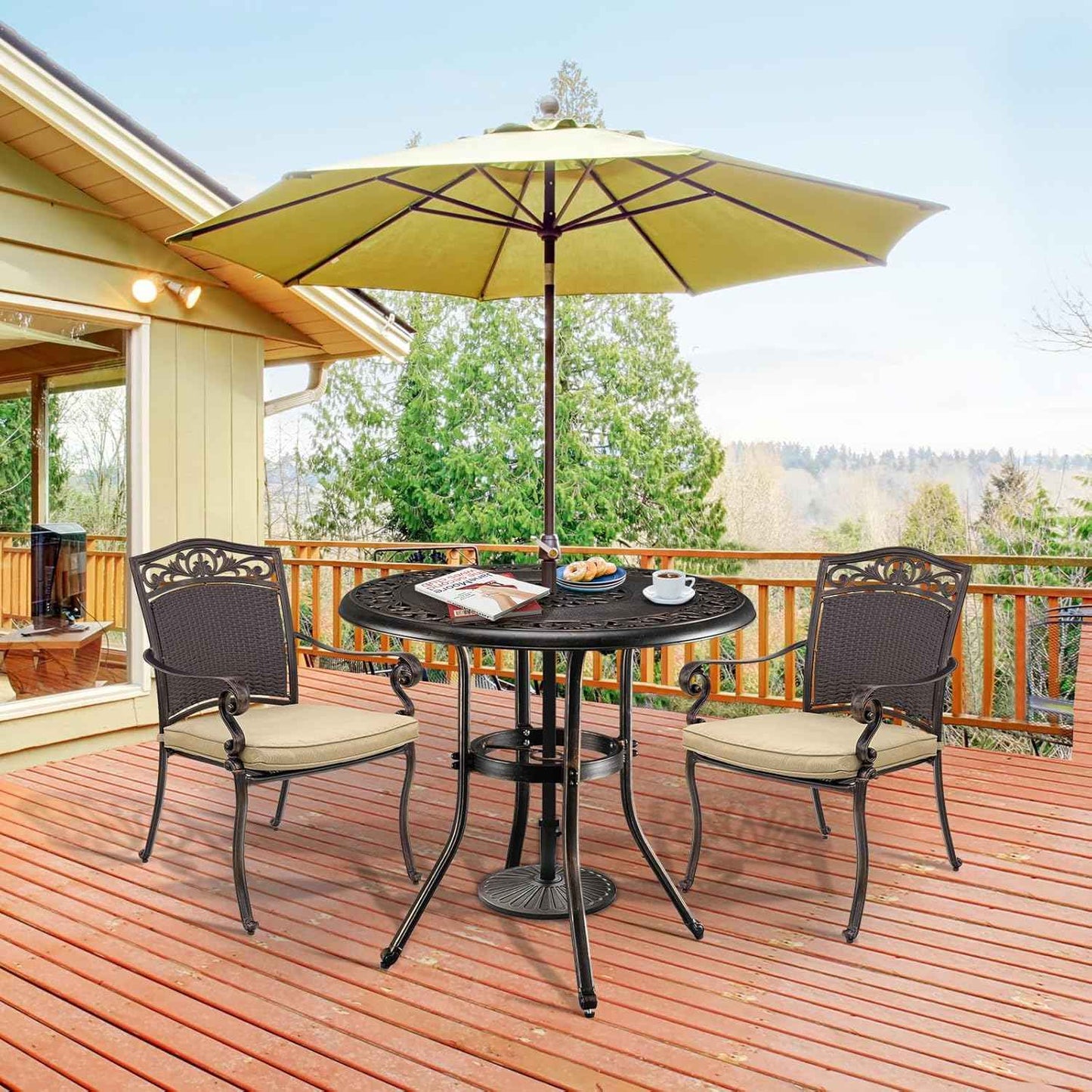 VINGLI 32 Inch Outdoor Patio Table with Umbrella Hole, Cast Aluminum Round Patio Dining Table Bistro Table for Backyard, Garden, Patio, Porch (Bronze)