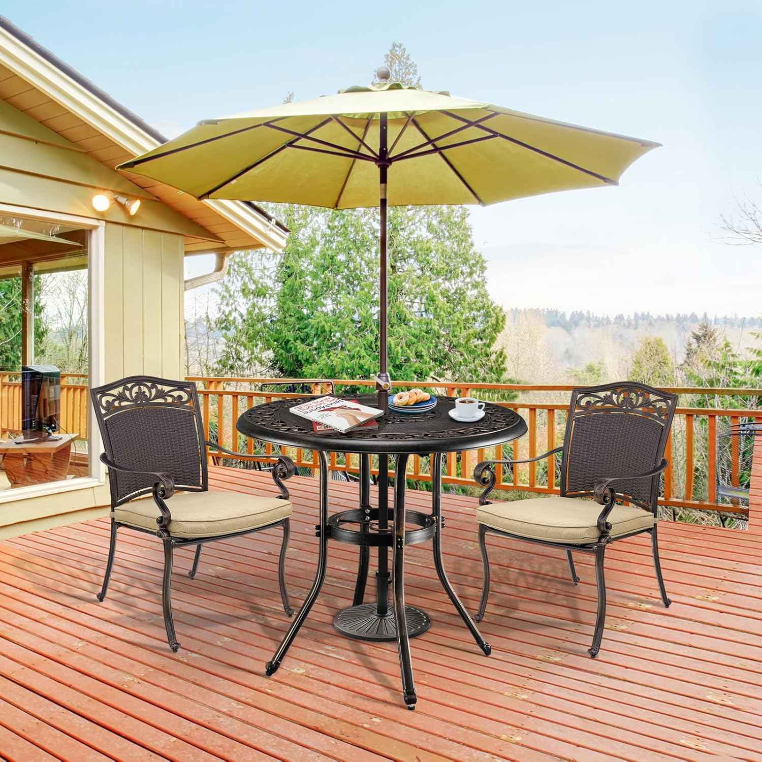 VINGLI 32 Inch Outdoor Patio Table with Umbrella Hole, Cast Aluminum Round Patio Dining Table Bistro Table for Backyard, Garden, Patio, Porch (Bronze)