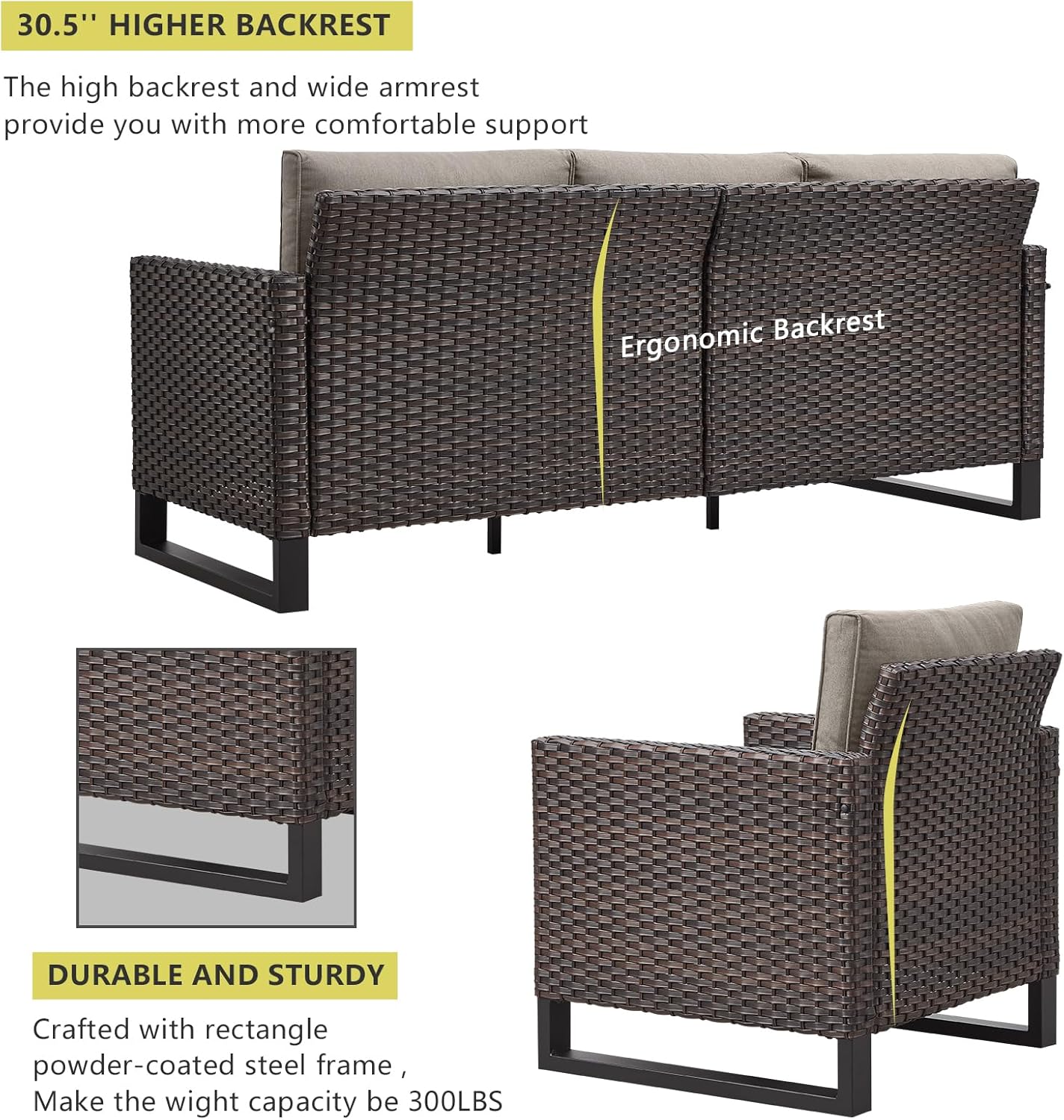HUMMUH 10 Piece Patio Furniture Set PE Wicker 3 Outdoor Sectional Sofa Set with Patio Swivel Chairs Dinning Table Ottomans for Porch,Garden,Backyard,Deck(Brown/Grey)