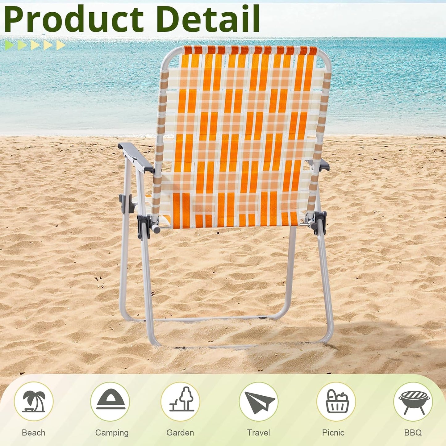 Folding Webbed Oversized Lawn Chairs Set of 2, 260 LBS High Beach Chair for Adults Heavy Duty, Portable Patio Chair for Yard, Garden (Orange)