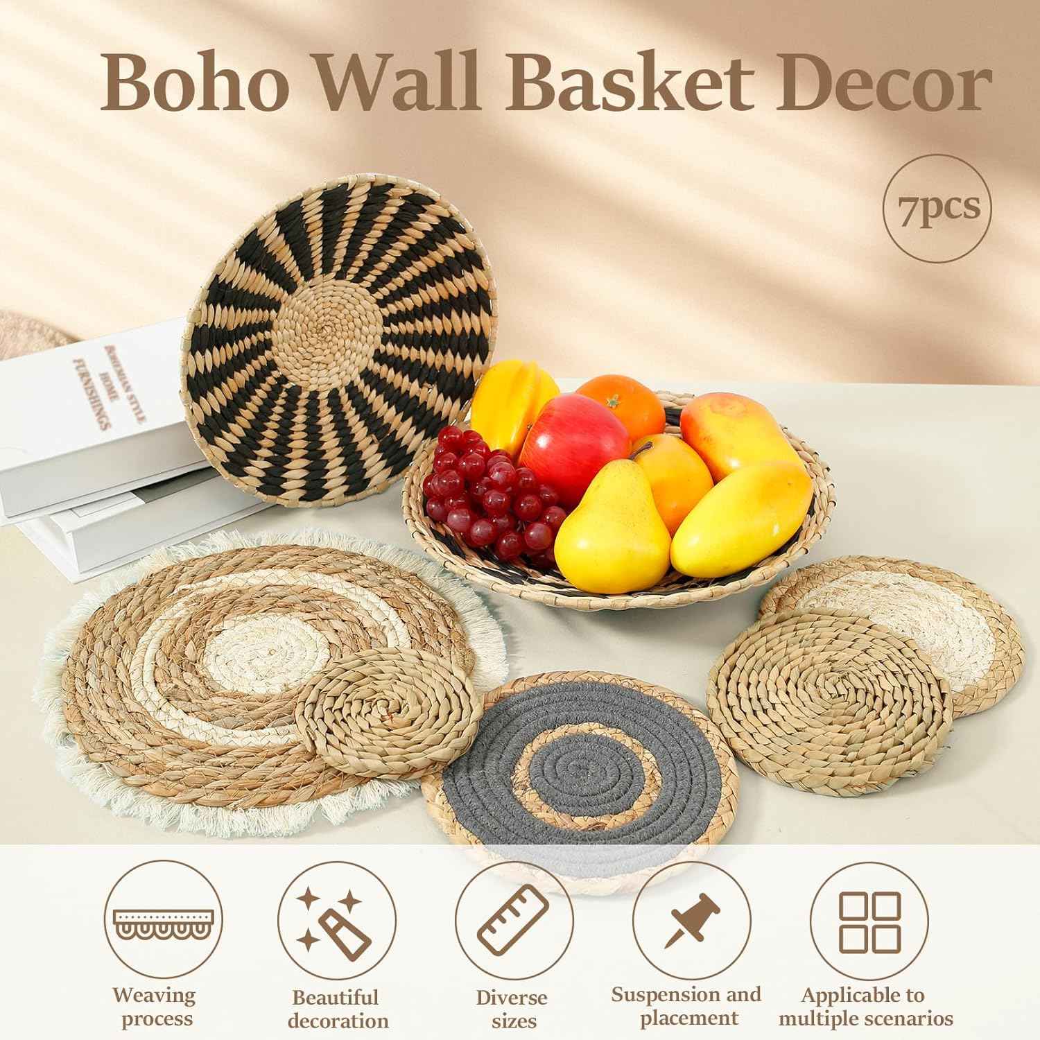 7 Pack Boho Wall Basket Decor,Seagrass Rattan Wicker Boho Wall Decor,Hanging Woven Wall Basket Decor,Round Flat Seagrass Baskets Wall Art, Round Wall Art for Farmhouse Bedroom Living Room Display