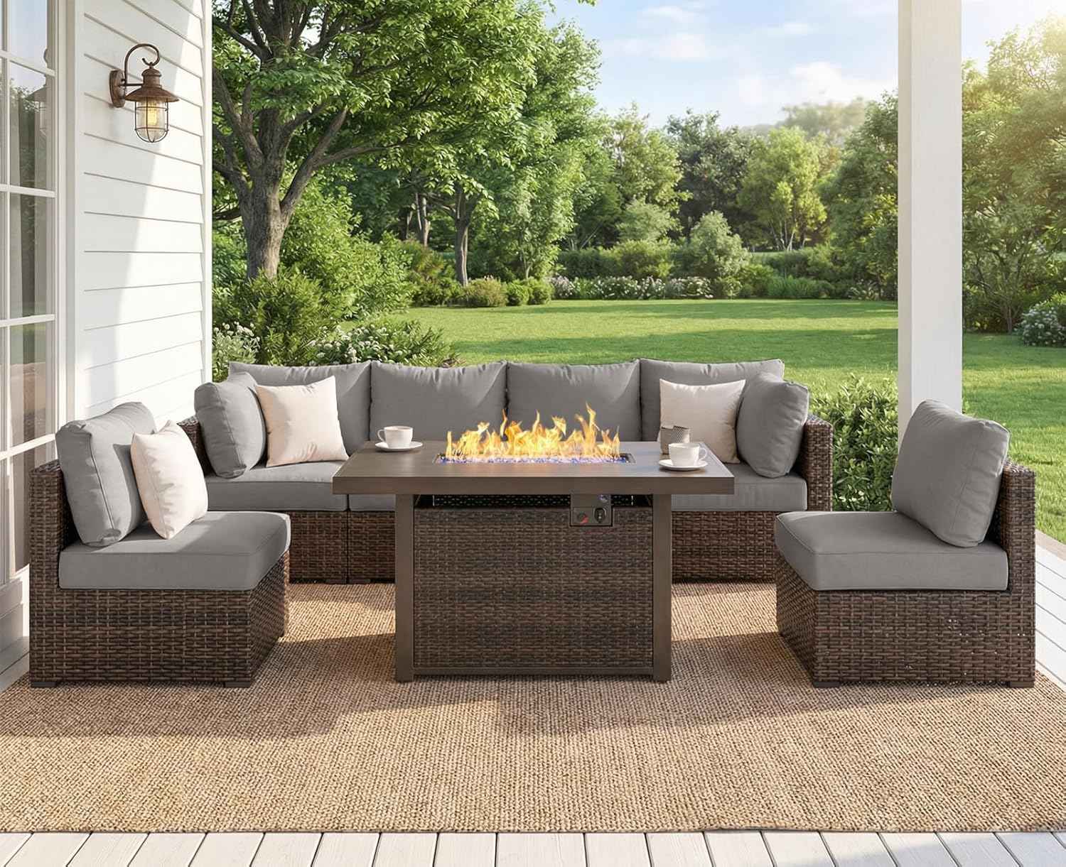 7 Piece Outdoor Patio Furniture Set with 42" Fire Pit, Wicker Furniture Sectional Conversation Sofa Set with Comfortable Cushions, Grey