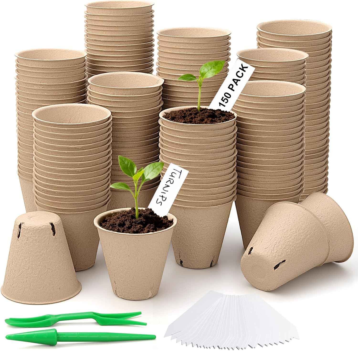 150 Pcs Peat Pots 3.15 Inch Seed Starting Pots with Drainage Holes, Round Garden Plant Nursery Pots wit 30 Plant Labels, 2 Transplant Tools.