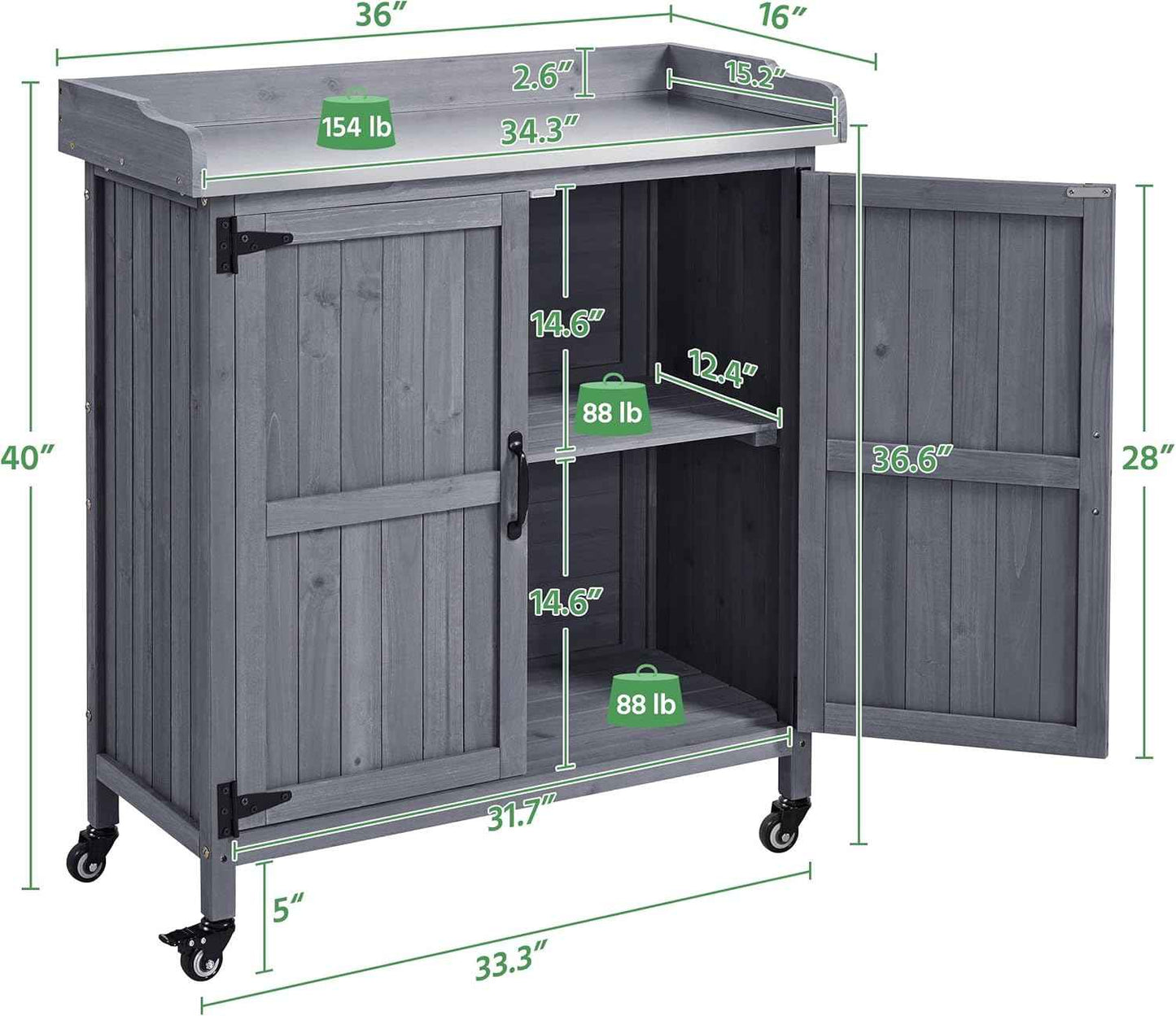 Topeakmart Potting Bench Table - Wooden Storage Cabinet with Removable Shelf & Flexible Space & Metal-Plated Tabletop for Outdoor Garden Patio, Gray