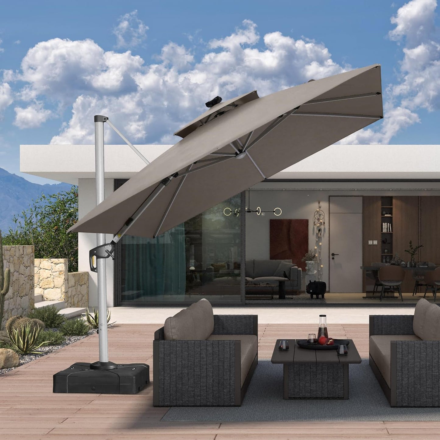 PURPLE LEAF 10' X 10' Solar Powered LED Patio Large Umbrella Offset Double Top Hanging Umbrella Outdoor Market Umbrella for Garden, Heather Taupe