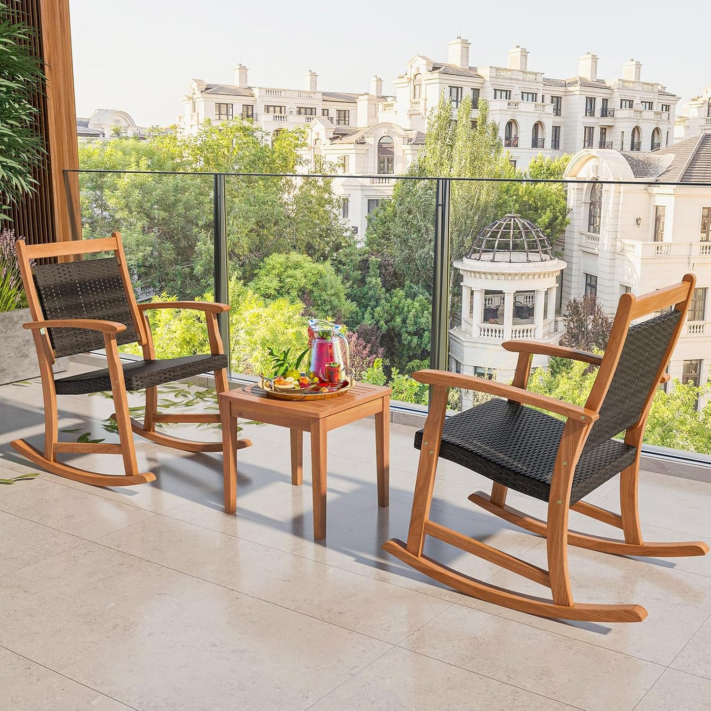 3 Pieces Rocking Chair Set, Acacia Wood Rocking Set with Coffee Table, Wicker Seat & Backrest, Patio Bistro Set Outdoor Conversation Set for Balcony, Garden, Backyard & Poolside
