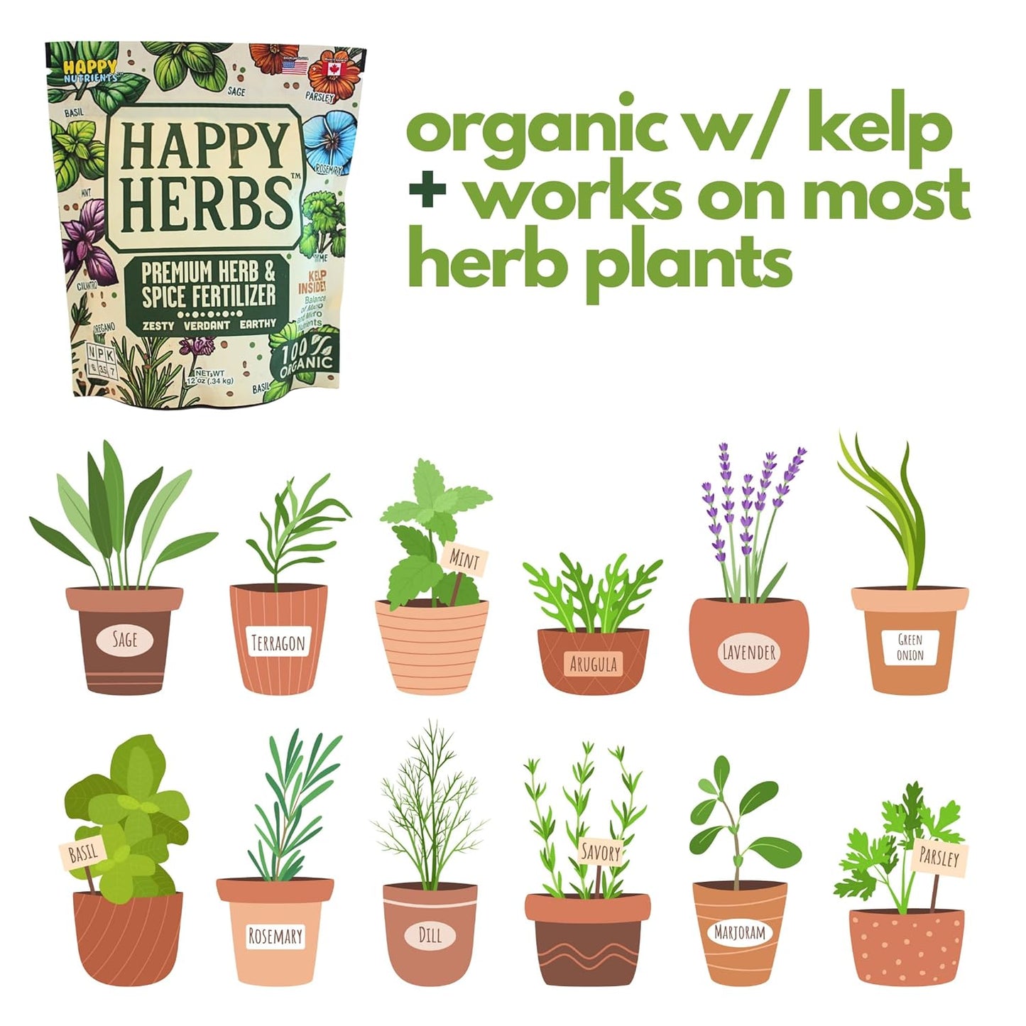 Fertilizer for Herbs Happy Herb Organic Fertilizer by Happy Nutrients – Plant Food for Basil, Mint, Cilantro, Rosemary, Thyme & More – Macro & Micro Nutrients for Home Gardens – 12 oz (0.34 kg)