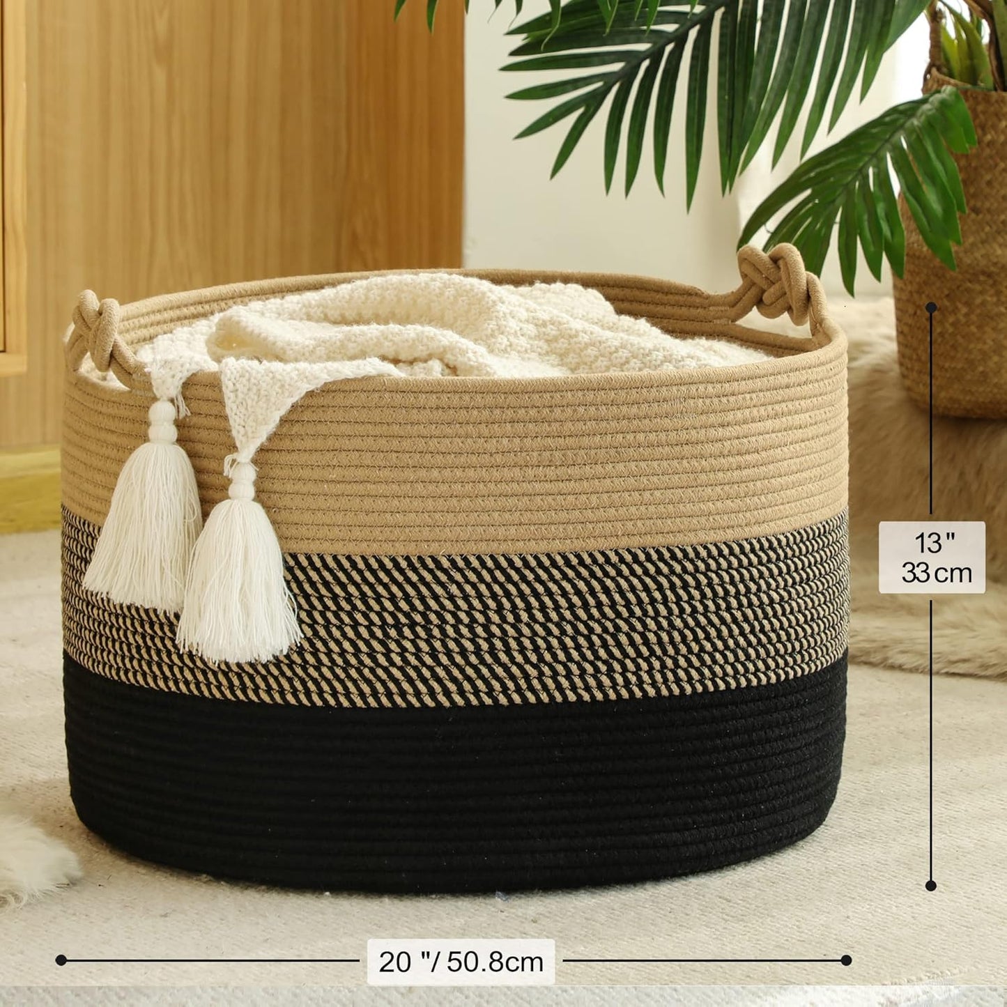 KAKAMAY Large Blanket Basket (20"x13"),Woven Rope Baskets for storage Baby Laundry Hamper, Cotton Rope Blanket Basket for Living Room, Laundry, Nursery, Pillows,Baby Toy chest (Jute/Black)