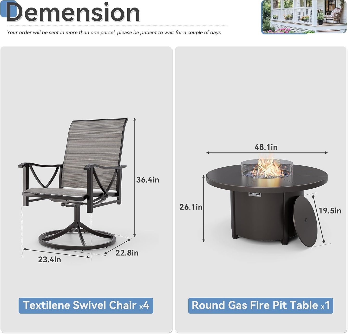 Kurapika 5 Piece Outdoor Conversation Sets, Patio Furniture Set, 4 Textilene Fabric Swivel Chairs and w/48in Propane Round Fire Pit Table for Deck Garden Backyard Porch,Brown