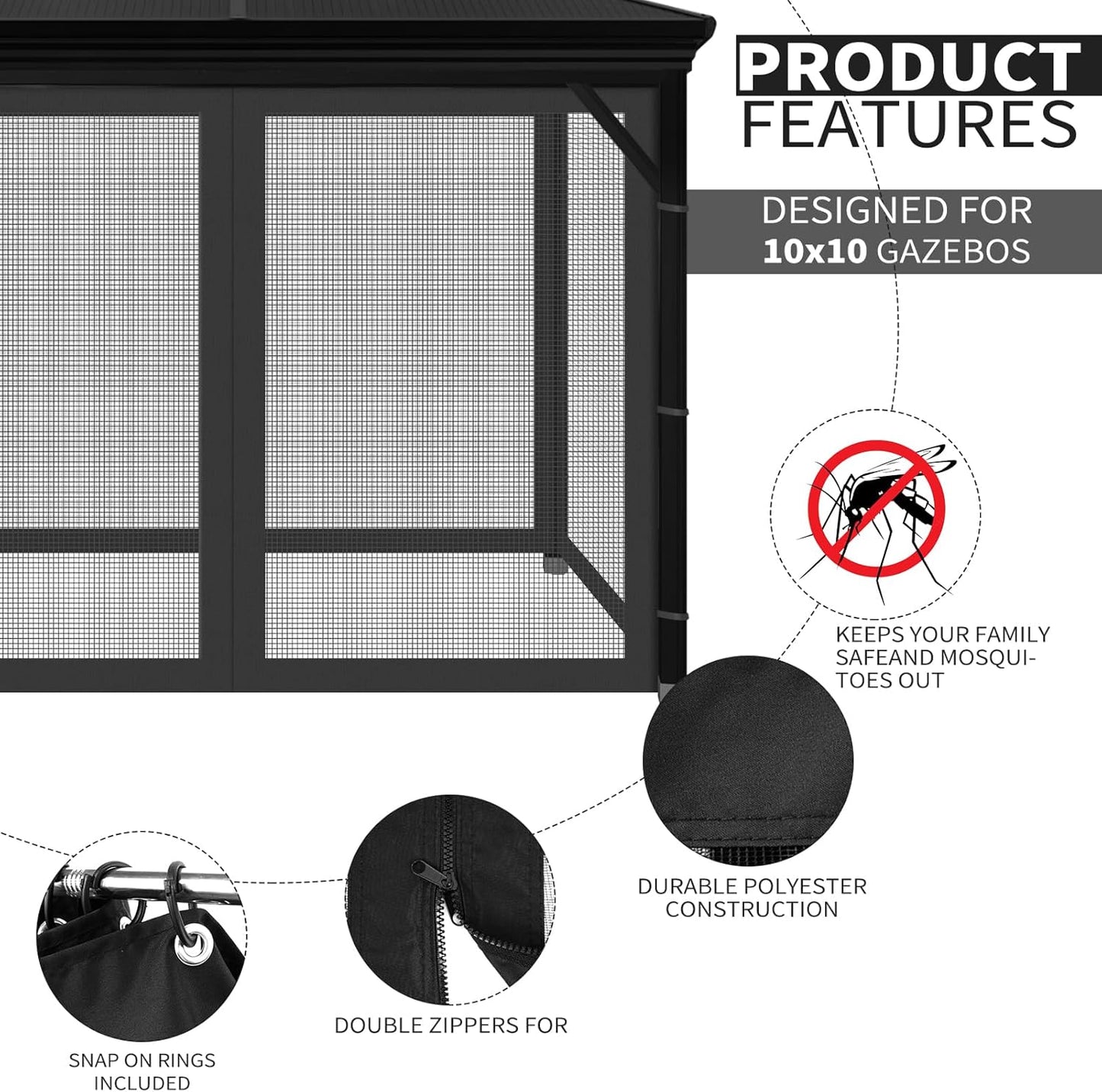Gazebo Universal Replacement Mosquito Netting, Outdoor Mesh Netting Screen 4-Panel Sidewall with Zipper for Patio, Canopy, Garden and Backyard, Gray(Mosquito Net Only) (Black, 10' x 10')